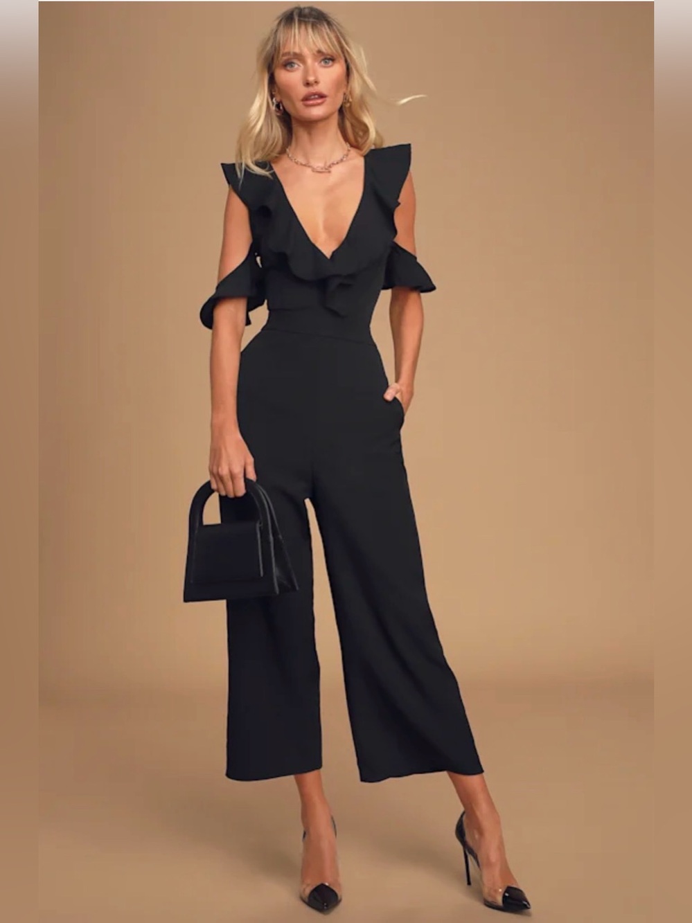 Lulus Doozy Black Ruffled Wide-leg Off-the-shoulder Jumpsuit - Size M